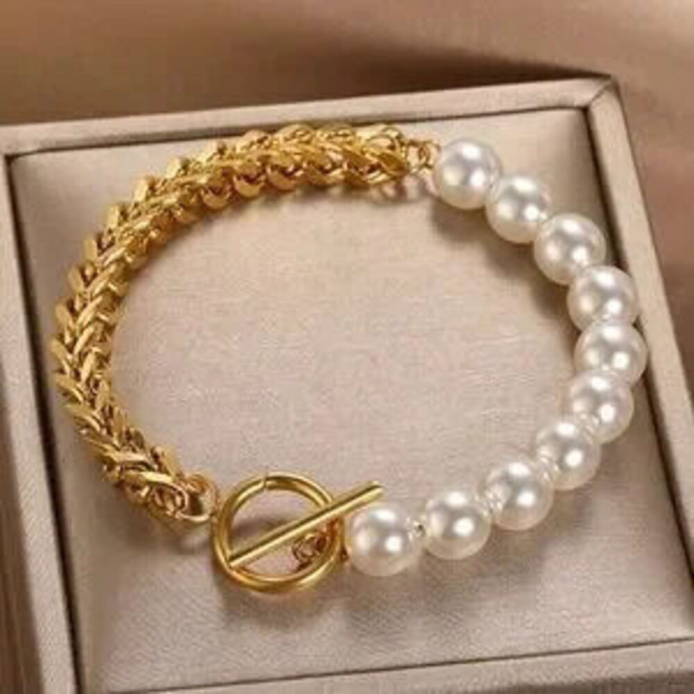 Luxe Stainless Steel Faux Pearl Chain Toggle Bracelet